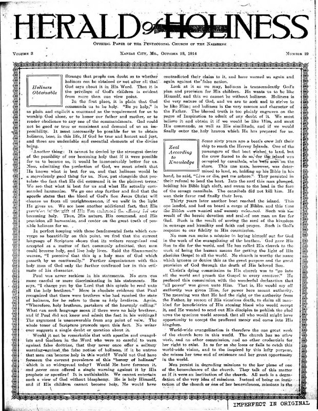 Title Page of Herald of Holiness - October 28, 1914