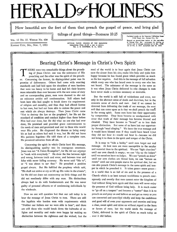 Front page of Herald of Holiness - November 7, 1923