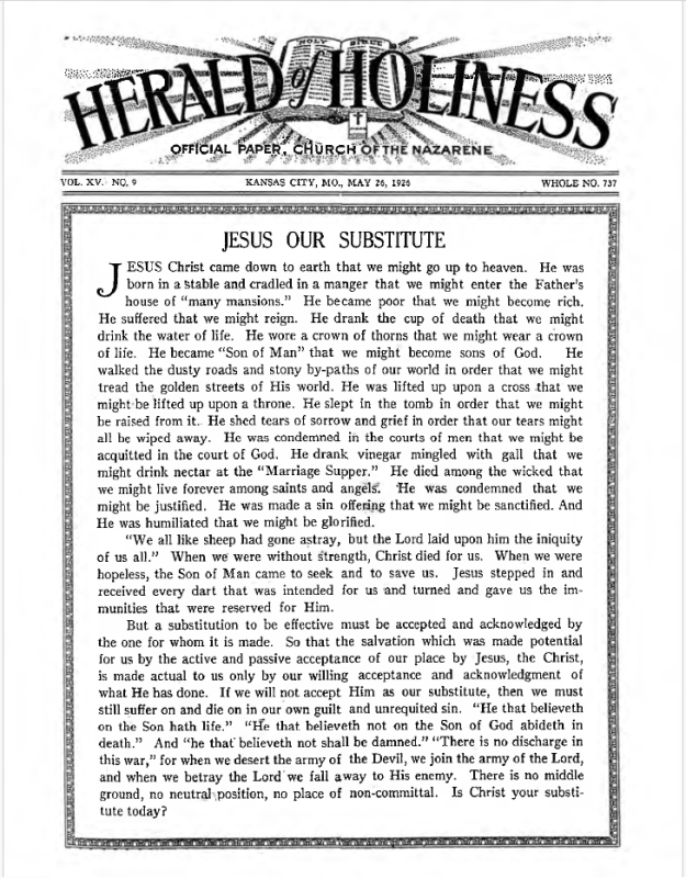 Front page of Herald of Holiness - May 26, 1926