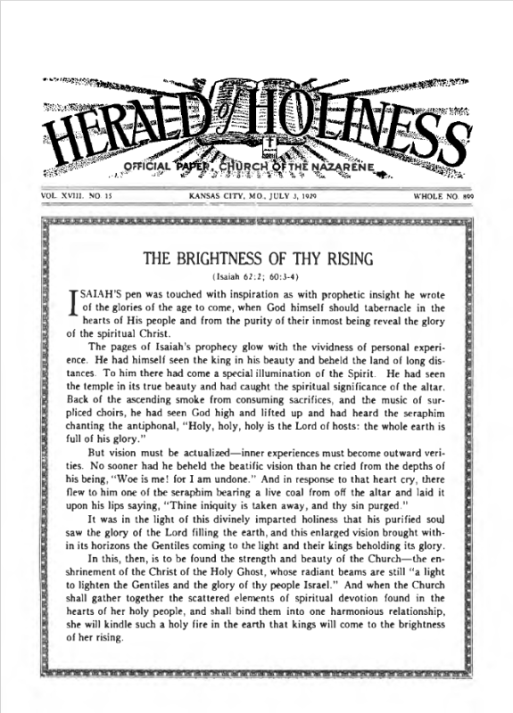 Front page of Herald of Holiness - July 3, 1929