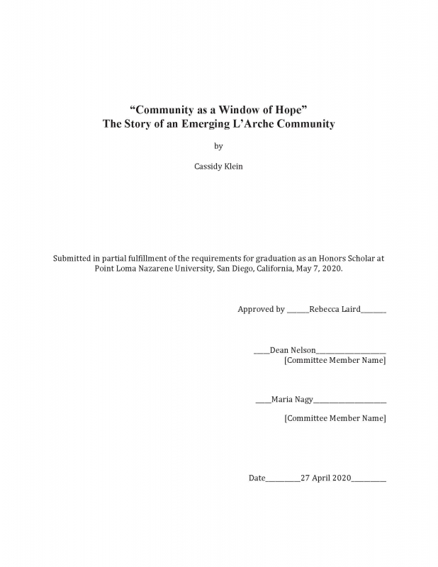 “Community as a Window of Hope” The Story of an Emerging L’Arche Community